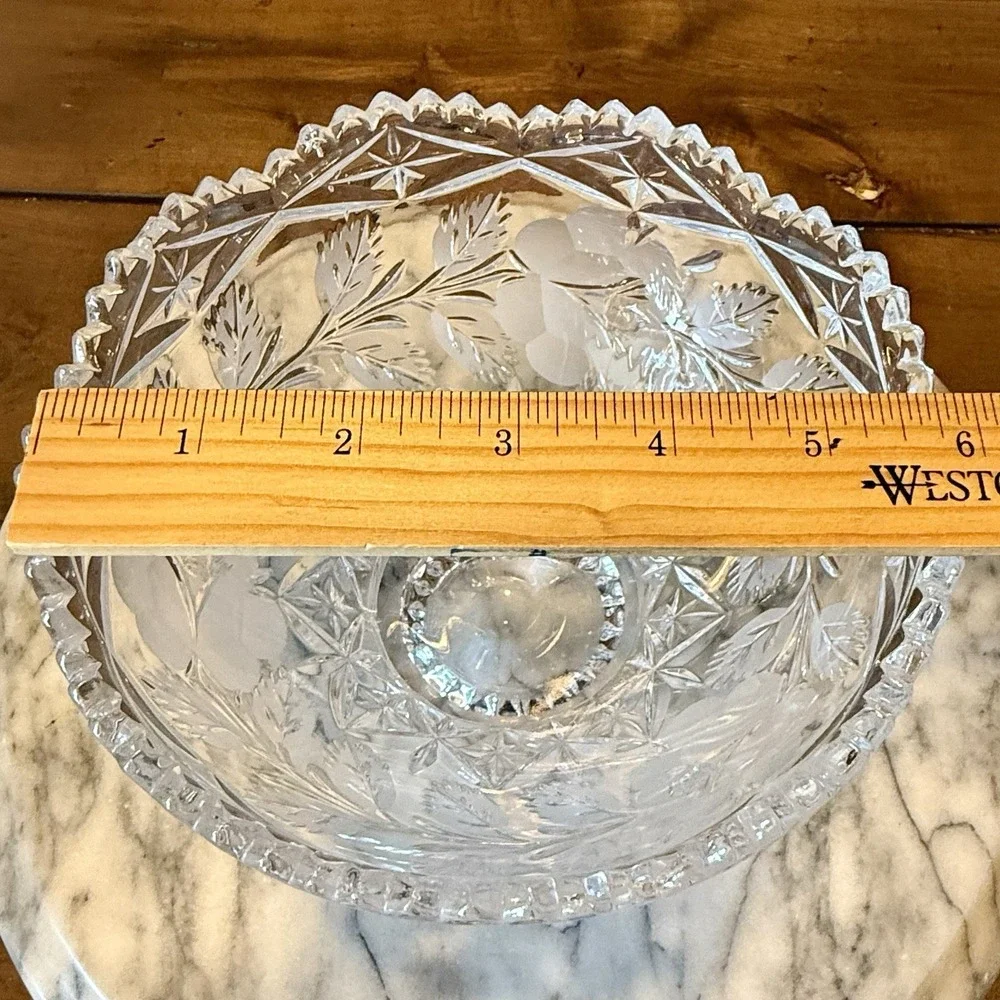 VTG Lead Crystal Clear Industries MCM Sawtooth Rim Rose Pedestal Bowl Candy Dish